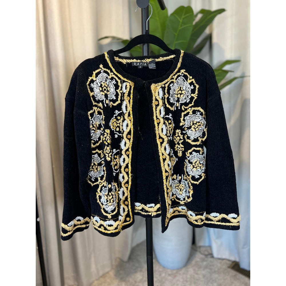 VTG Rafia Womens Black Gold Silver Embellished Open Front  Cardigan Sweater S